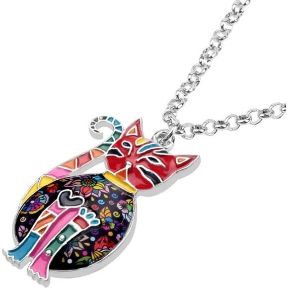 Floral Cat Necklace Enamel Kitten Pendant on Alloy Chain Jewelry for Cat Lovers - Picture 9 of 11